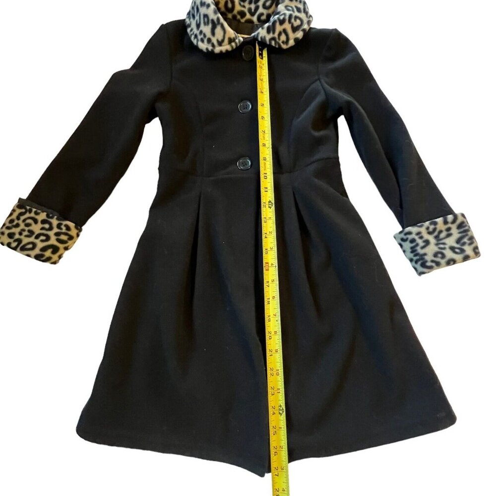 Vtg Copper Key Soft Black Coat Faux Fur Leopard Trim Size 7/8 Buttons Pockets - Picture 5 of 13